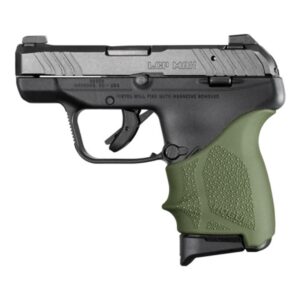 Pistol with green grip, side view.