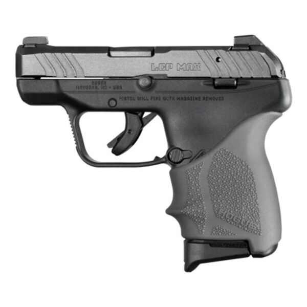 Black handgun side view on white background.