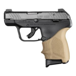 Compact handgun with tan grip and black slide.