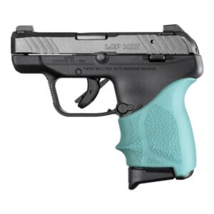 Compact handgun with turquoise grip, side view.