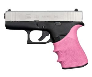 Black handgun with pink grip
