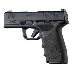 Black handgun with textured grip, side view