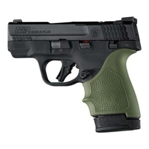 Black and green pistol with textured grip.