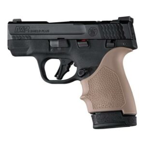 Compact handgun with tan grip and black slide.