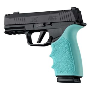 Black handgun with teal grip handle
