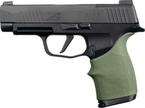 Black handgun with green grip
