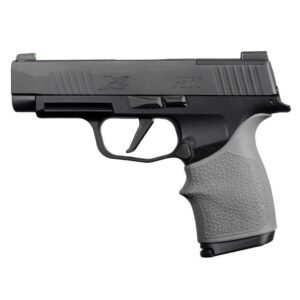 Black and gray handgun on white background.