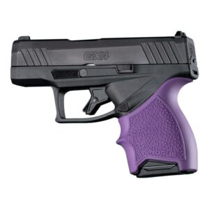 Black handgun with purple grip handle