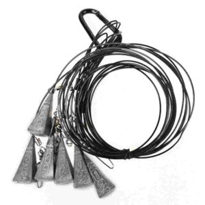 Fishing tackle with weights and wire coils.