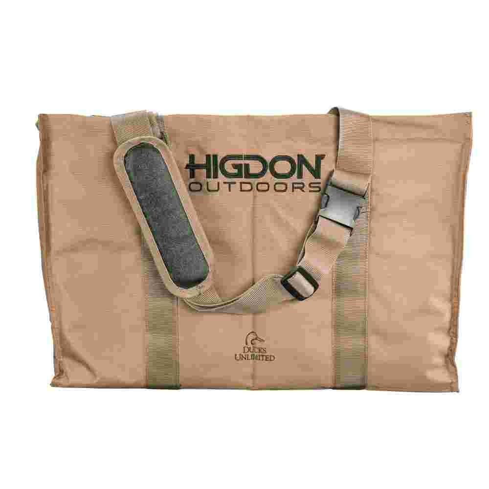 Tan bag with adjustable strap and logos