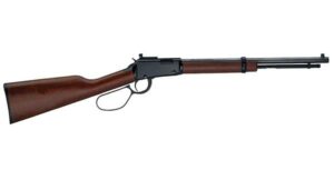 Lever-action rifle with wooden stock and metal barrel.