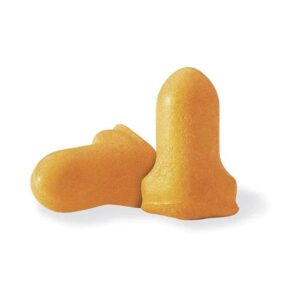 Orange foam earplugs on white background.