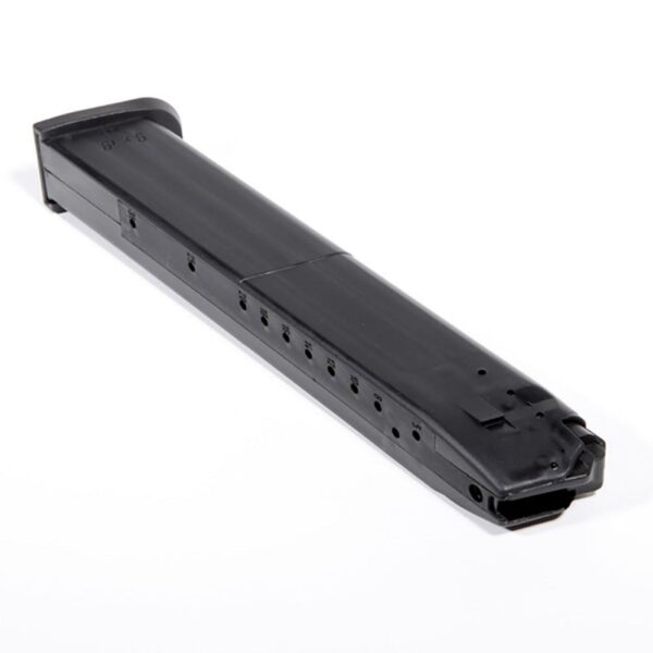 High-capacity rifle magazine on white background