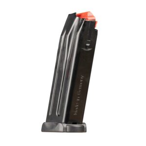 Black firearm magazine with orange follower.