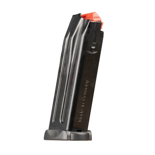 Black firearm magazine with orange follower.