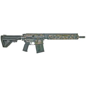 Camouflage-patterned tactical rifle side view.