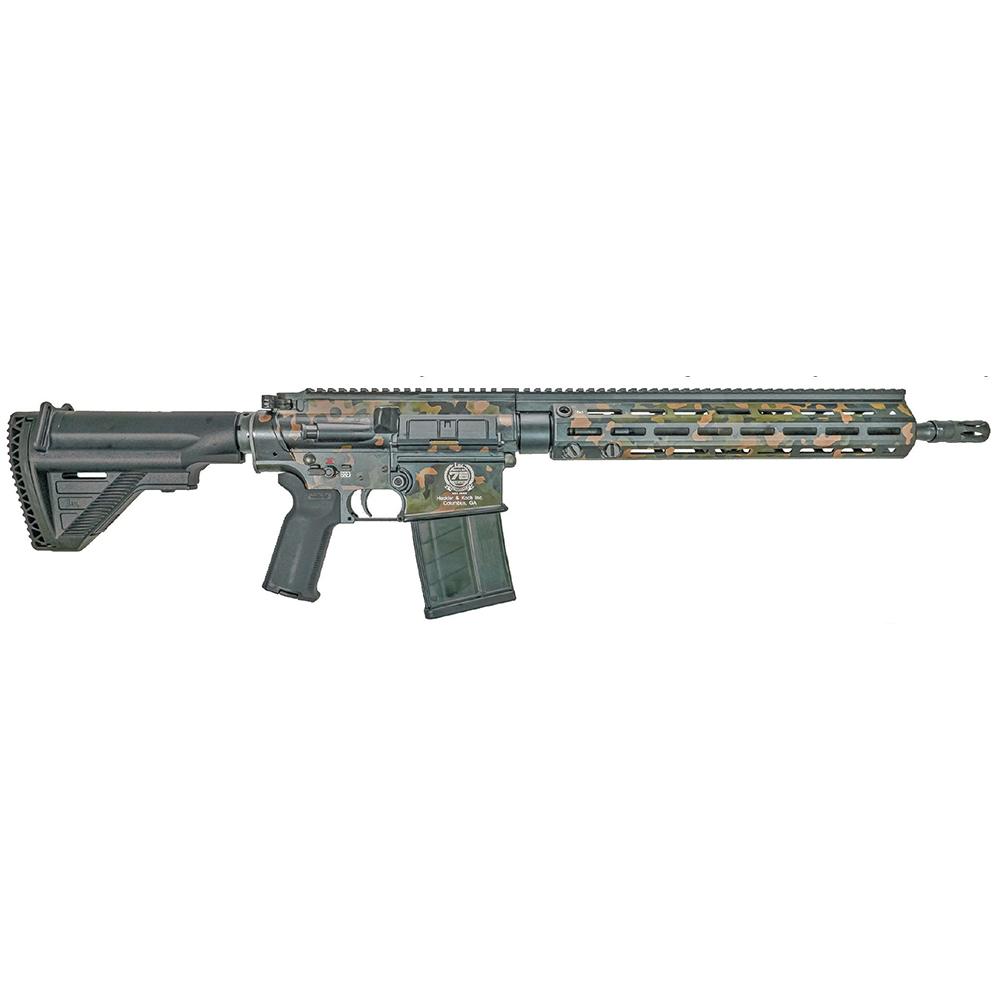 Camouflage-patterned tactical rifle side view.