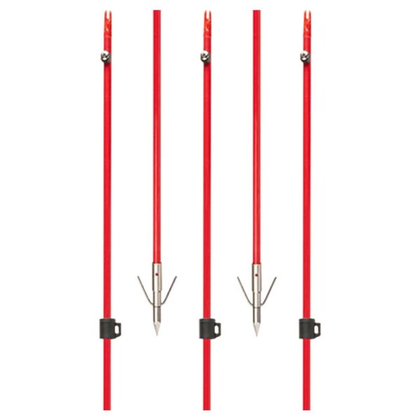 Four red bowfishing arrows with barbed points.