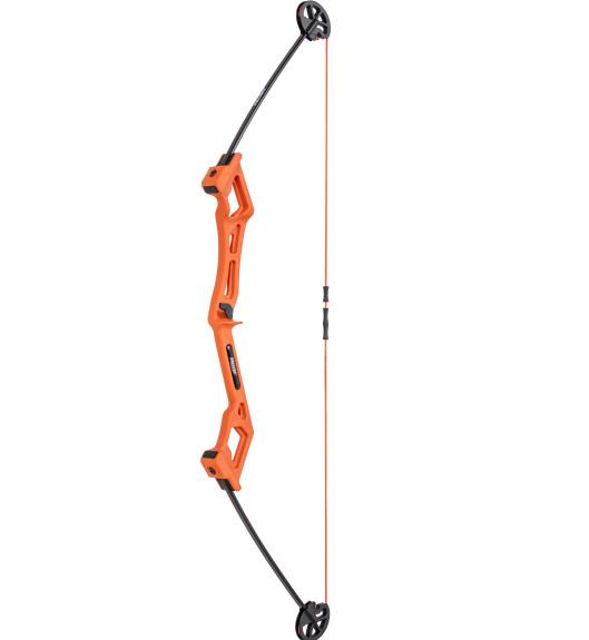 Orange compound bow with black string.
