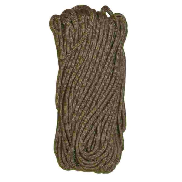 Coiled brown climbing rope for outdoor use.