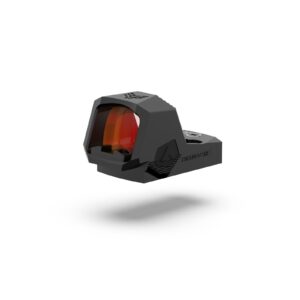 Red dot sight for firearms, sleek design.