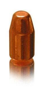 Copper bullet projectile, cylindrical shape, side view