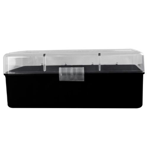 Black plastic storage box with transparent lid.