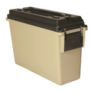 Plastic ammo storage container with handle and latch.