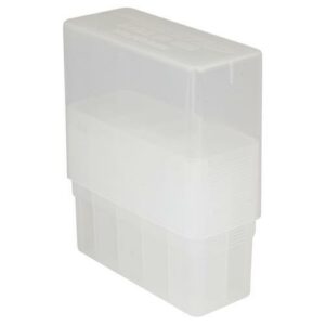 Clear plastic storage container for small items.