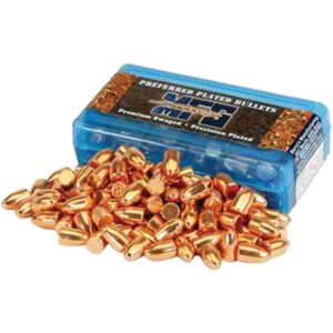 Box of copper bullet shells, blue packaging