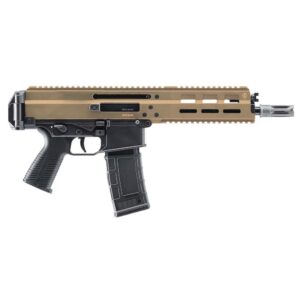 Modern tactical firearm with tan and black design.