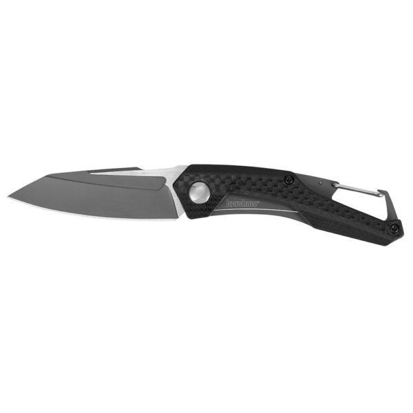 Black folding knife with carbon fiber handle.