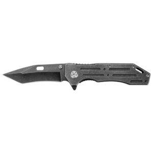 Foldable tactical pocket knife with clip point blade.
