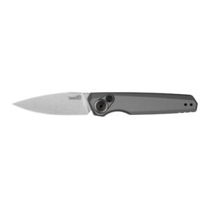 Silver folding pocket knife on white background.