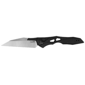 Folding knife with black handle and sharp blade.