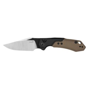 Folding knife with brown handle and sharp blade.
