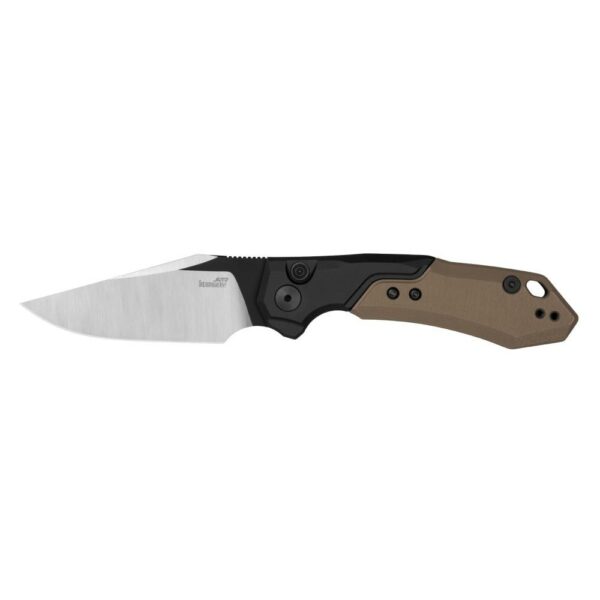 Folding knife with brown handle and sharp blade.