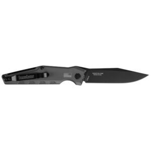 Black folding knife with clip and handle details.