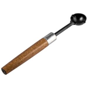 Melon baller with wooden handle and metal scoop.