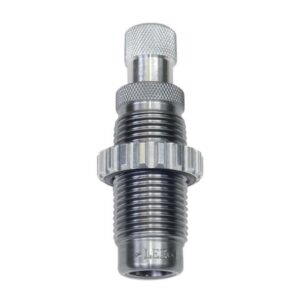 Metal reloading die with knurled grip and threads.