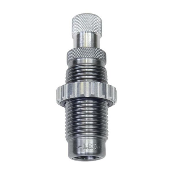 Metal reloading die with knurled grip and threads.
