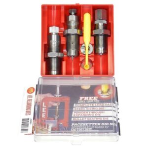 Rifle reloading die set in red case.