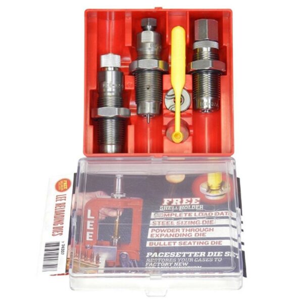 Rifle reloading die set in red case.