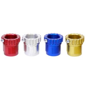 Colorful metal valve caps: red, silver, blue, gold