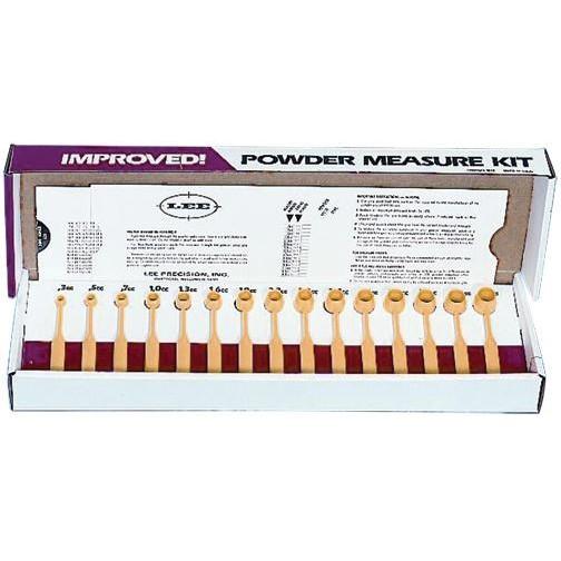 Lee powder measure kit with measuring scoops displayed.