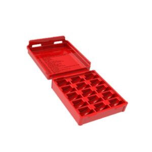 Red plastic organizer box with compartments.