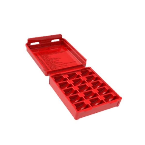Red plastic organizer box with compartments.