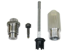 Four metal and plastic mechanical parts white background