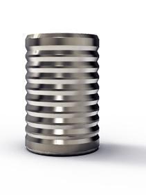 Shiny ribbed cylindrical metal object on white background.