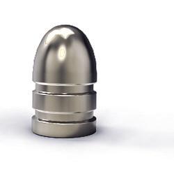 Silver bullet standing upright on white background.